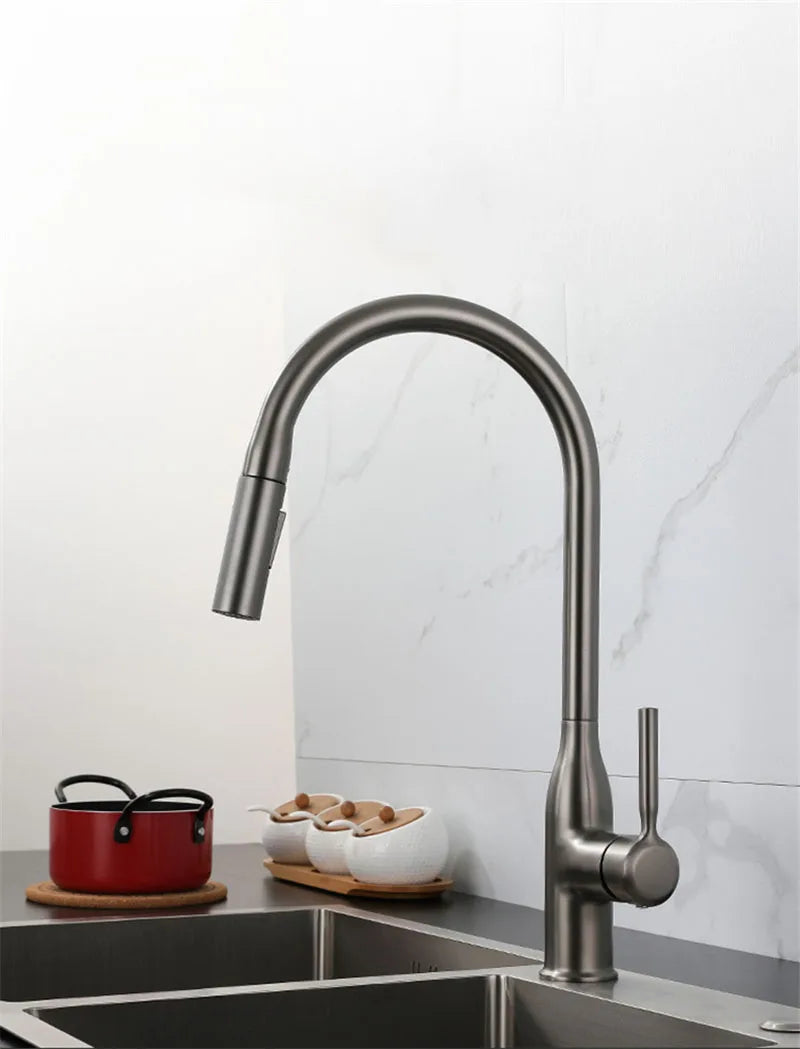 Gun Gray Pull-Out Sink Faucet Double Water Washbasin