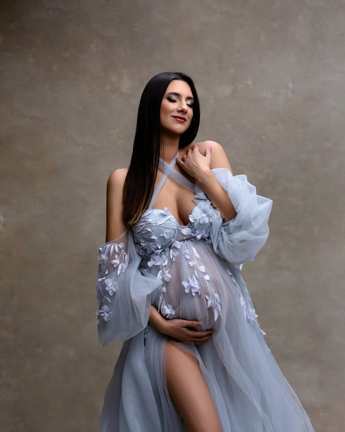 Fairy Blue Floral Matenity Dress Photoshoot Off Shoulder