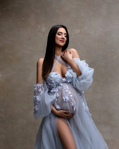 Fairy Blue Floral Matenity Dress Photoshoot Off Shoulder