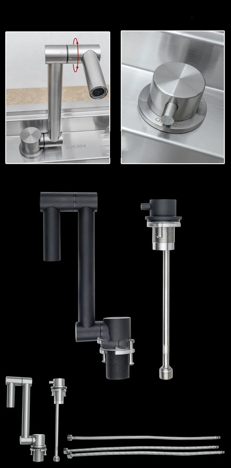 Black 304 Stainless Steel Sink Faucet Concealed Folding