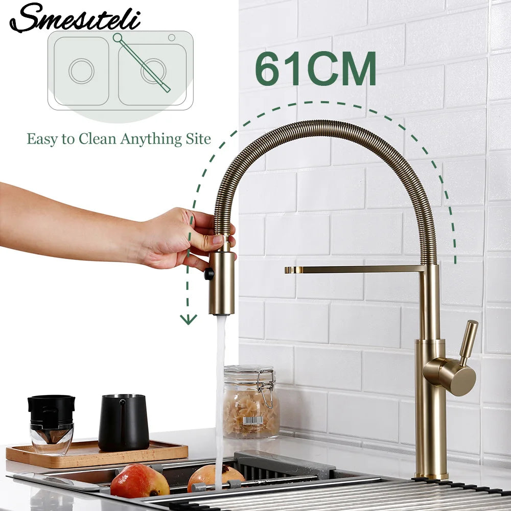 Brushed Gold Faucets Handle Pull Out Mixer Cold