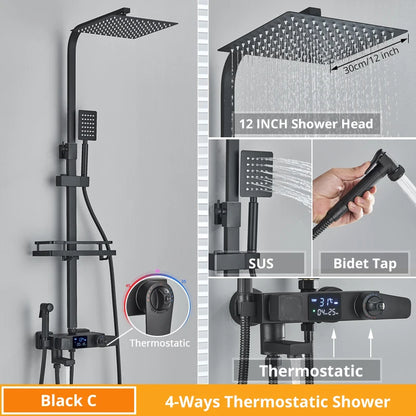 Bath Thermostatic Digital Display Shower Faucet Rain Shower