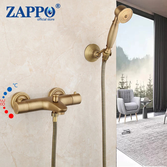 Zappo Antique Brass Bathroom Thermostatic Shower W/ Rainfall