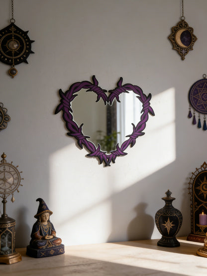 Purple Gothic Barbed Wire Heart Wall Mirror Witchy