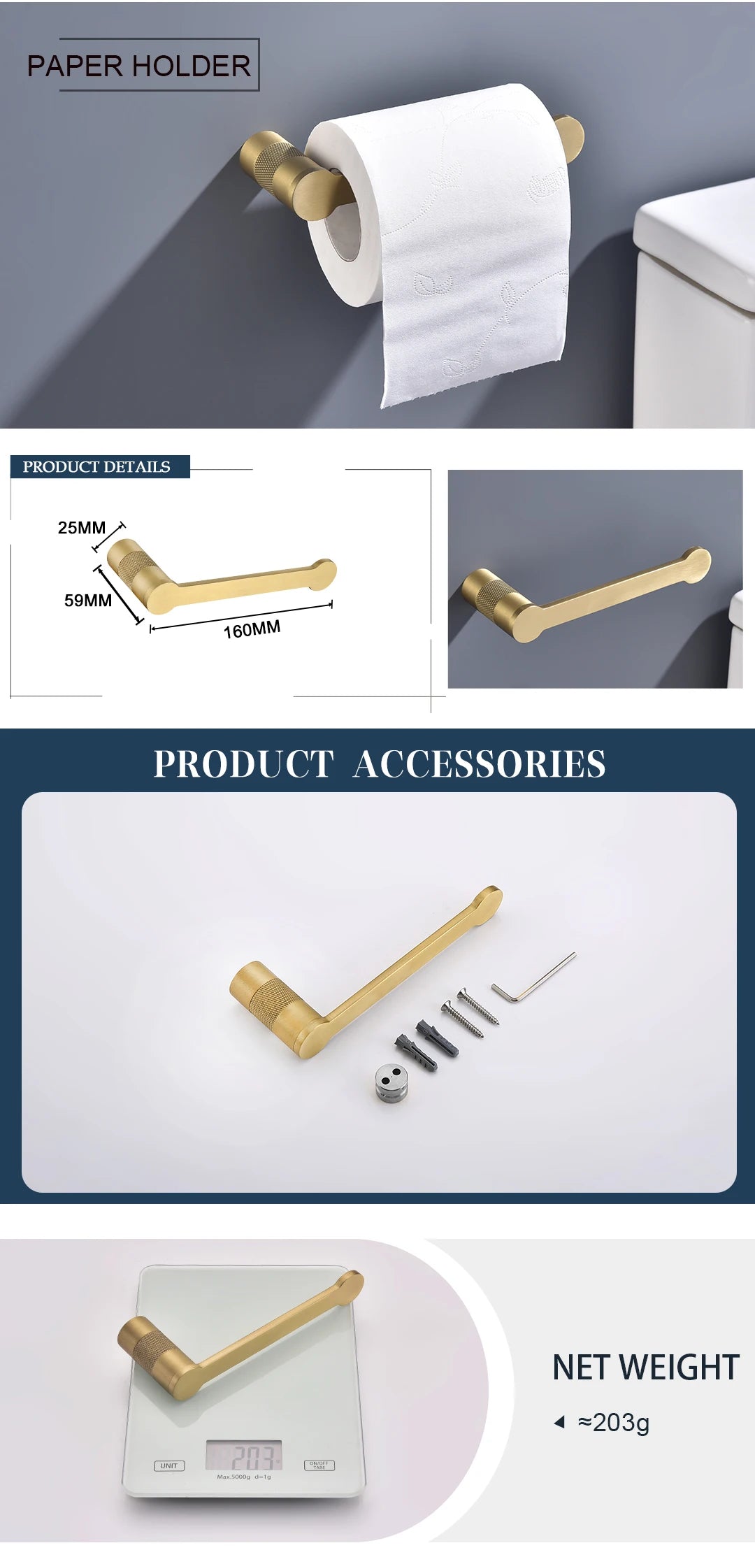 Brushed Gold Bathroom High Quality Brass Knurled Towel