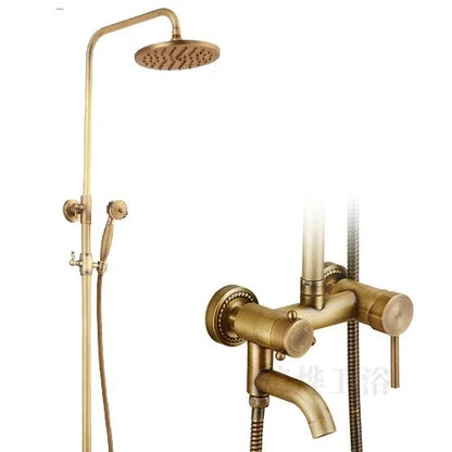 Antique Brass Shower Faucet 8-Inch Rainfall Dual Handle