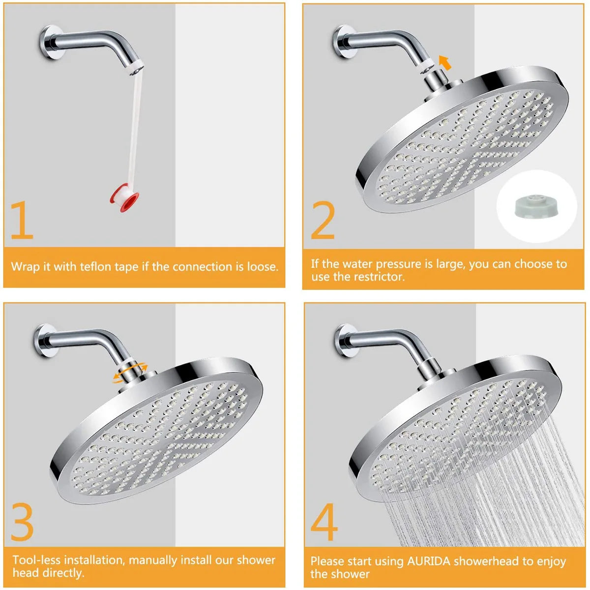 Inches High Pressure Rain Shower Head Arm 1min