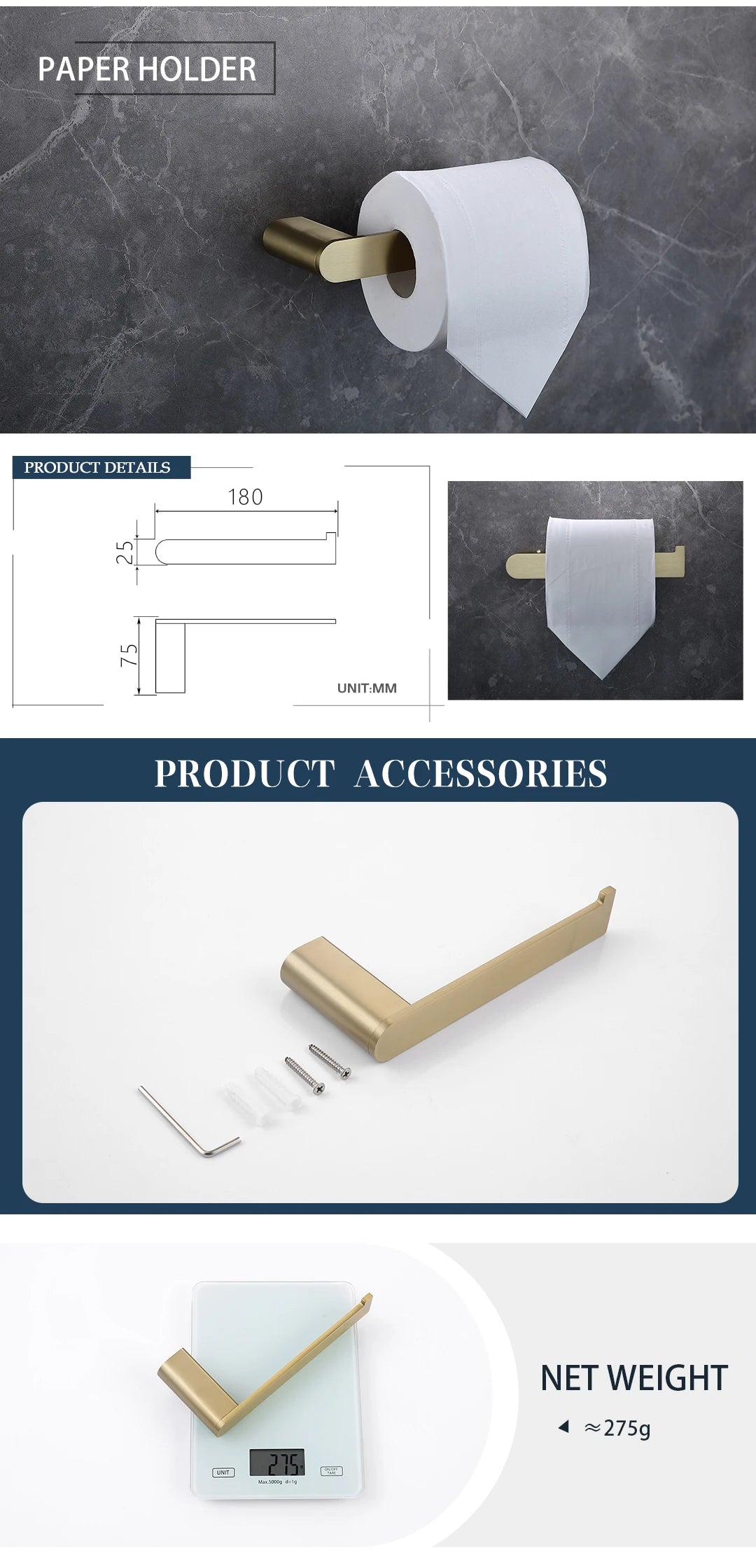 Brushed Gold Bathroom Toilet Brush Holder Toilet Paper