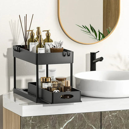 Tier Under Sink Organizer Sliding Storage Rack Hooks