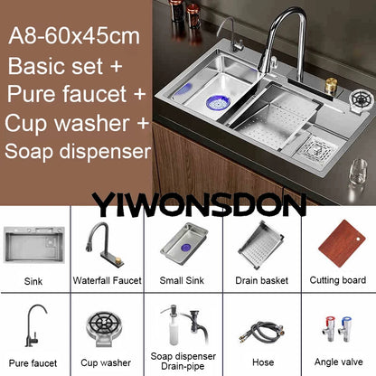 Brushed Nano Sink Waterfall Faucet Large Bowl Cup