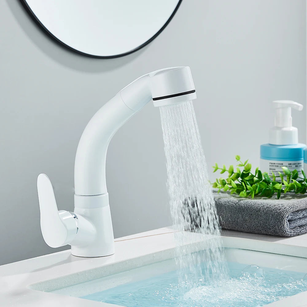 White Pull Out Bathroom Sink Faucet Cold Water