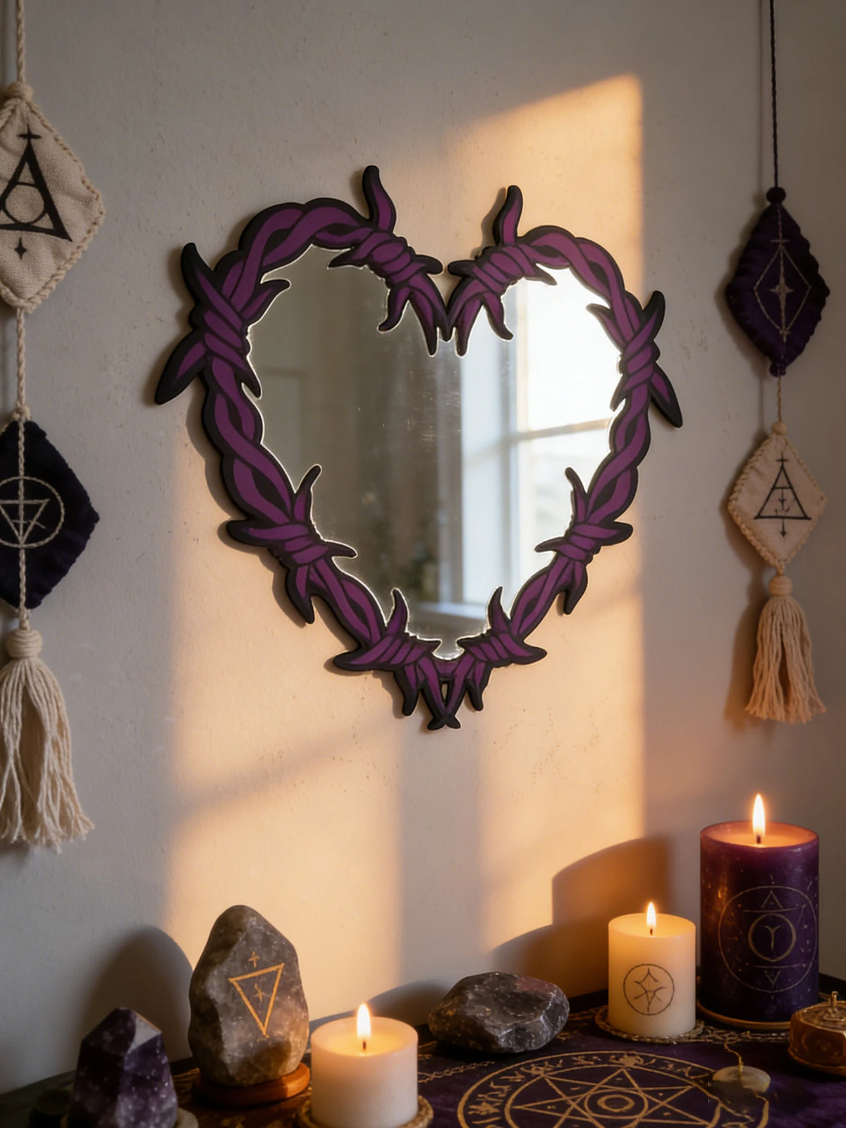 Purple Gothic Barbed Wire Heart Wall Mirror Witchy