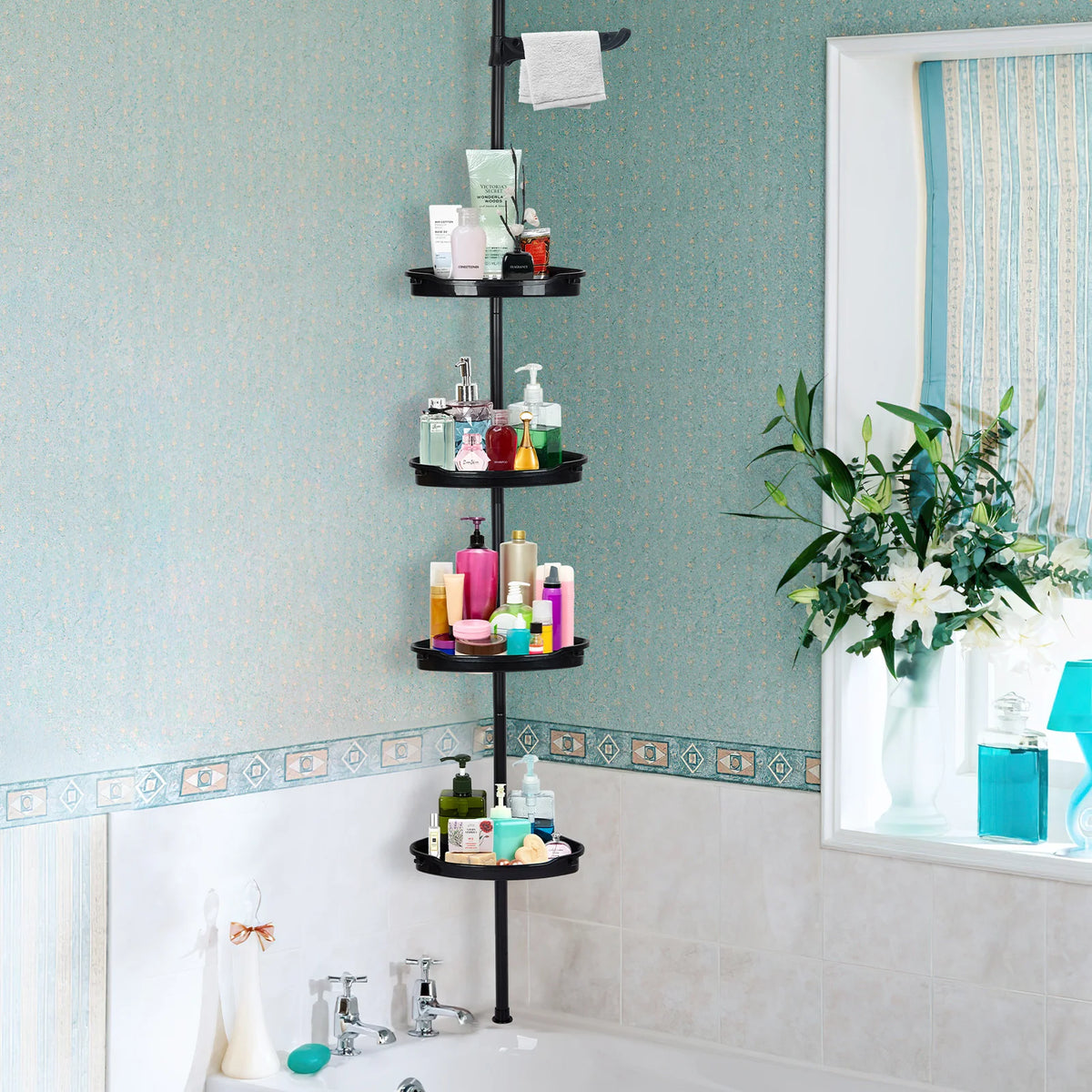 Corner Shower Caddy Tension Pole 4-Tier Adjustable Shelves