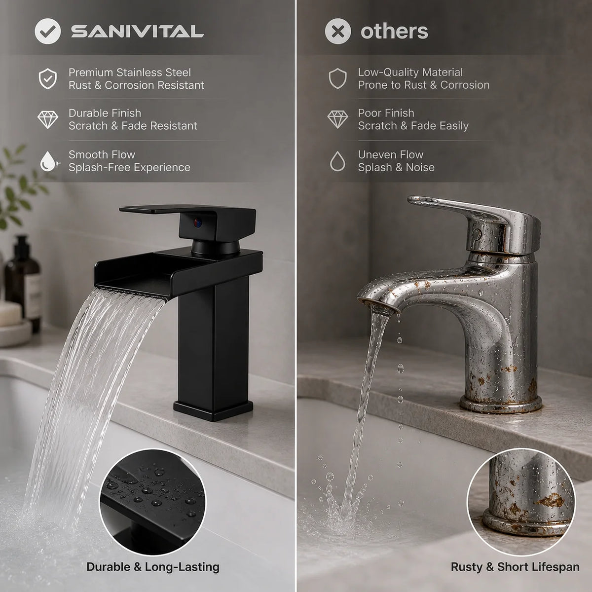 Sanivital Waterfall Bathroom Faucet Cold Mixer Tap Handle