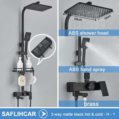 Black/Chrome Brass Shower Faucets Rainfall Shower Shelf Cold
