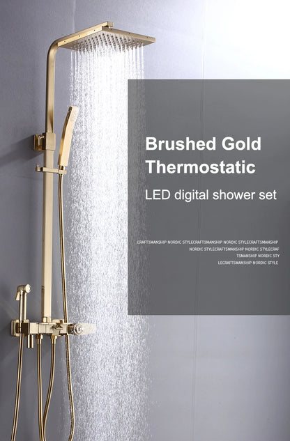 Brushed Gold Thermostatic Digital Bathroom Shower Inch Rain