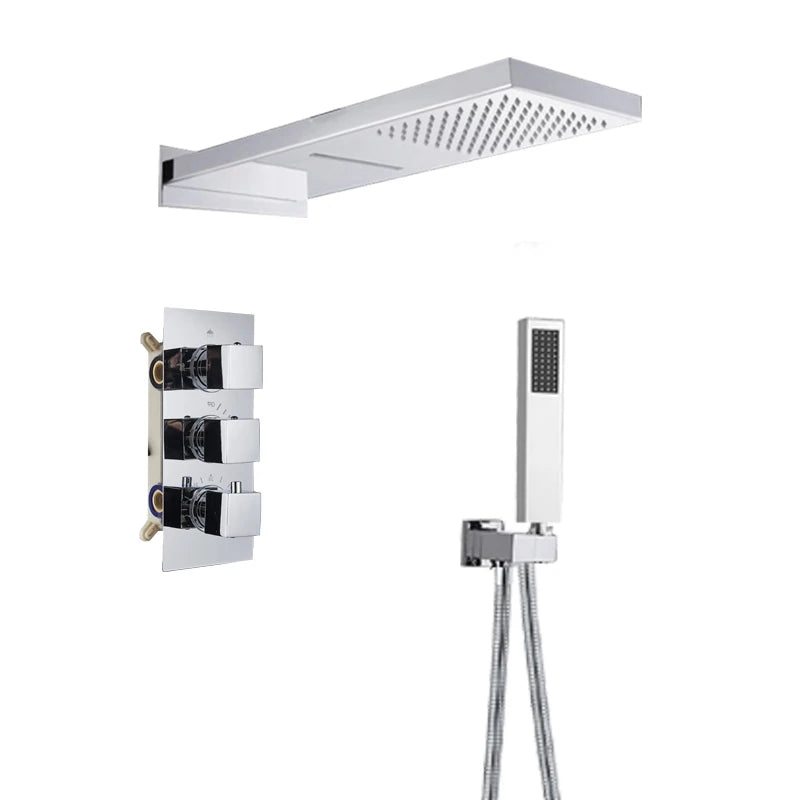 Matte Black Rain Waterfall Shower Thermostatic Mixer Bath
