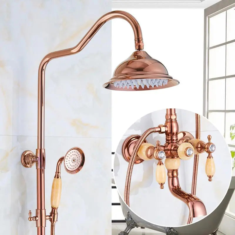Brass Jade Shower Faucet Wall Mount Rose Gold