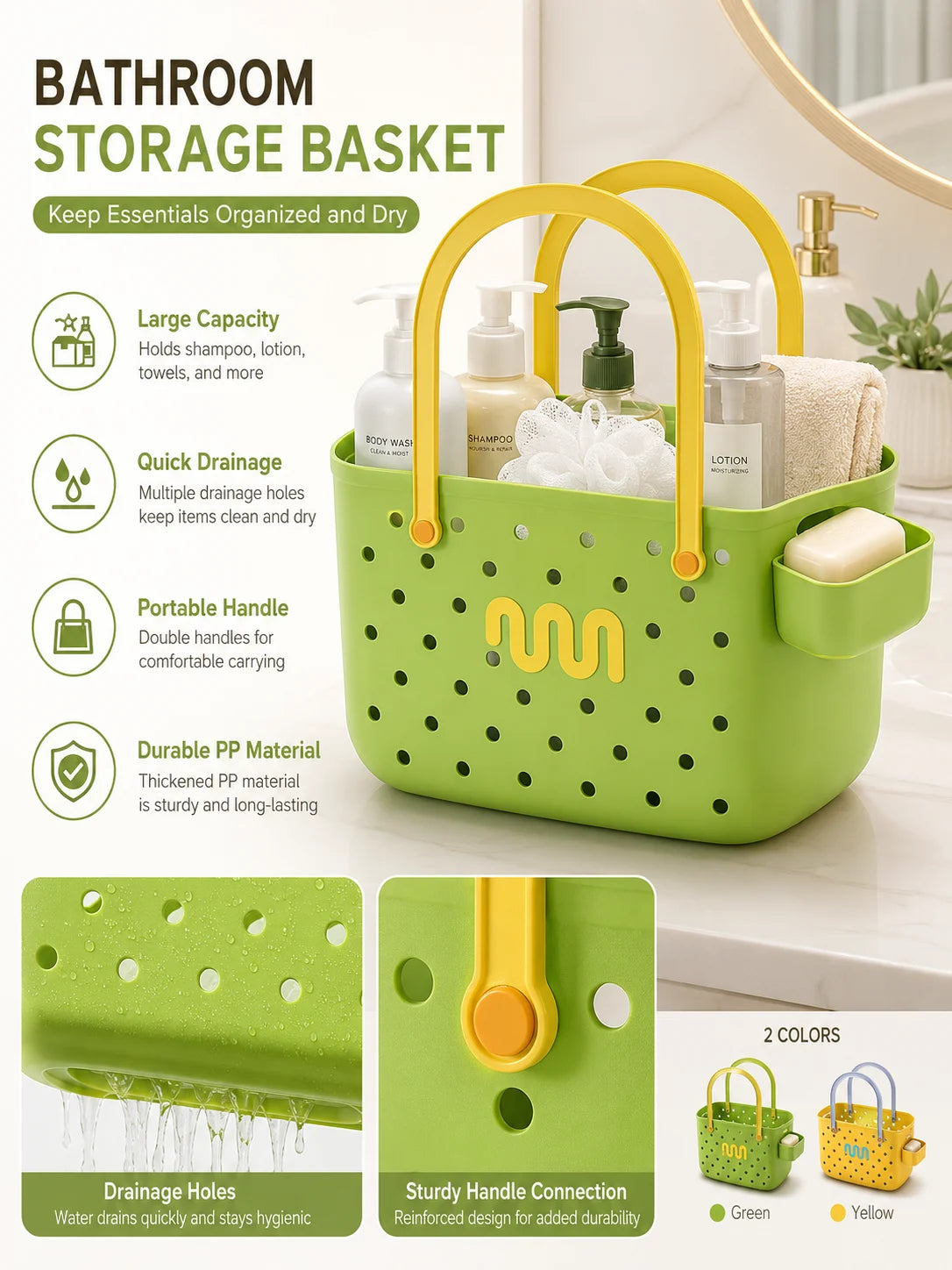 Bathroom Shower Caddy Storage Basket Handle Large Capacity