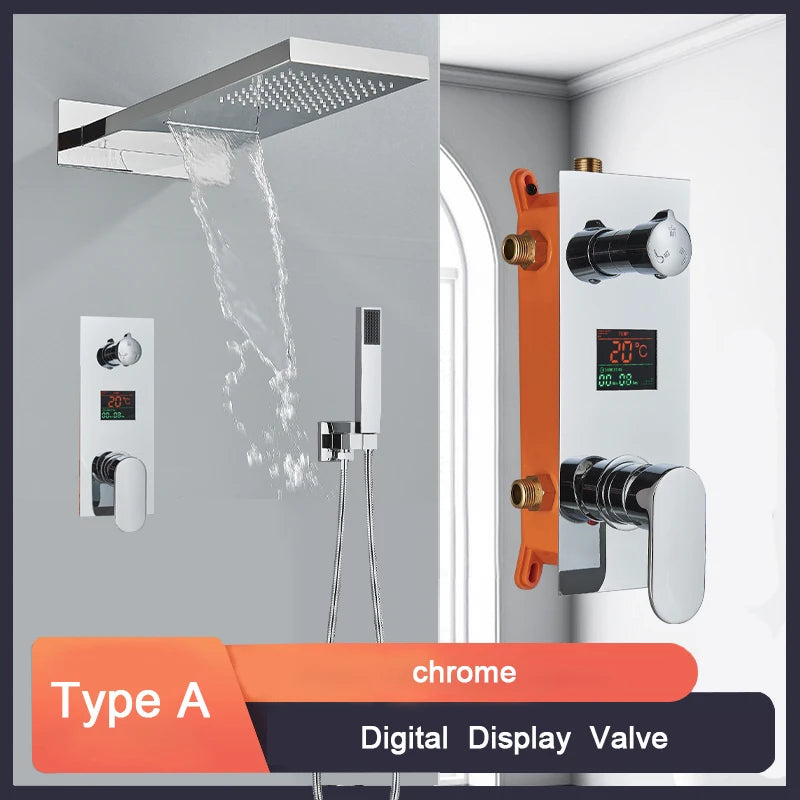 Black Bathroom Thermostatic Faucet Rainfall Waterfall Shower