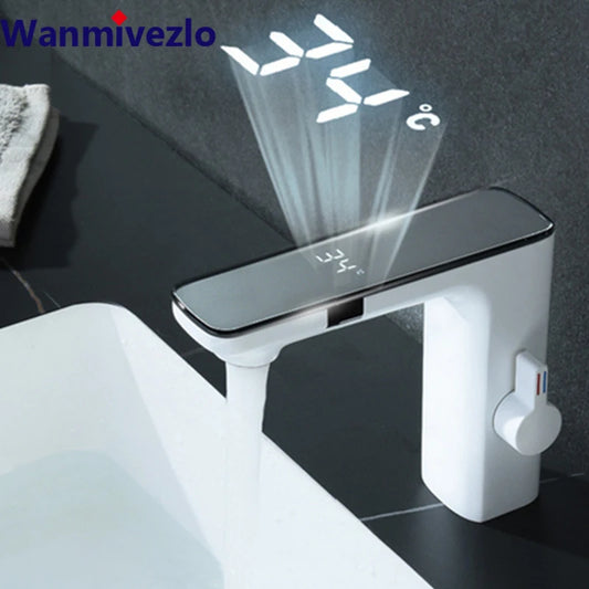 White Touchless Sensor Basin Faucet Smart Digital Display