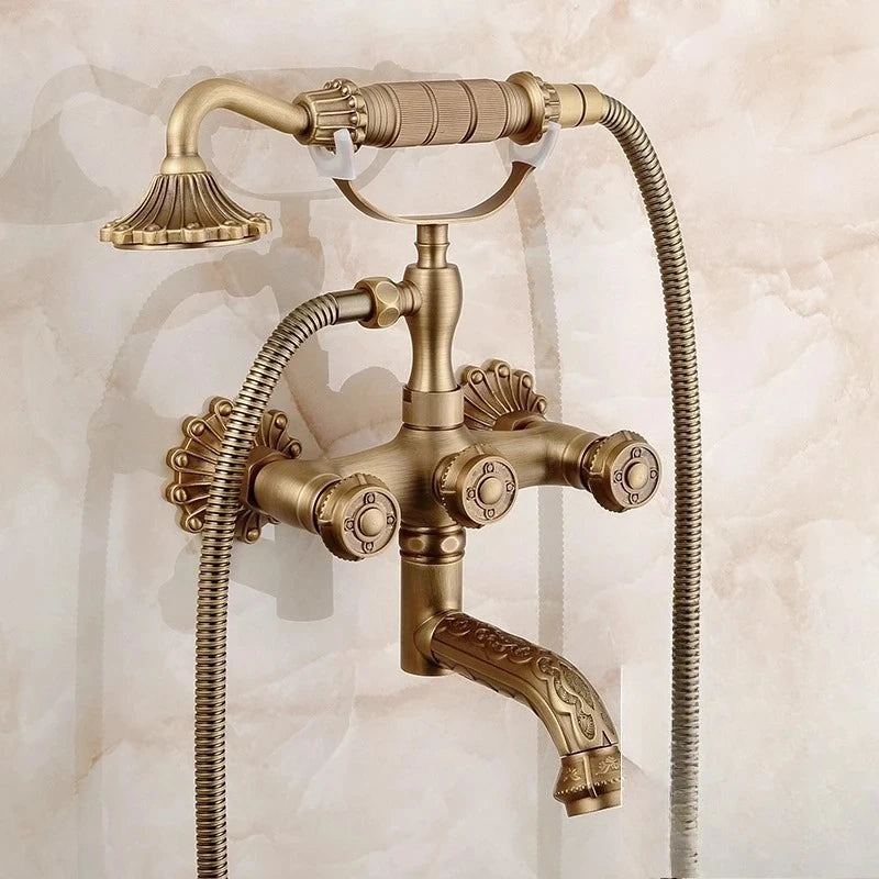 Antique Brass Bathtub Shower Faucets Wall Mounted Bath