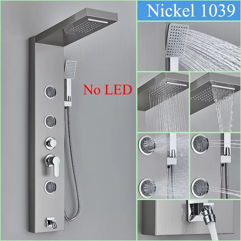 Black/Brushed Stainless Steel 5-Function Waterfall Rain Shower