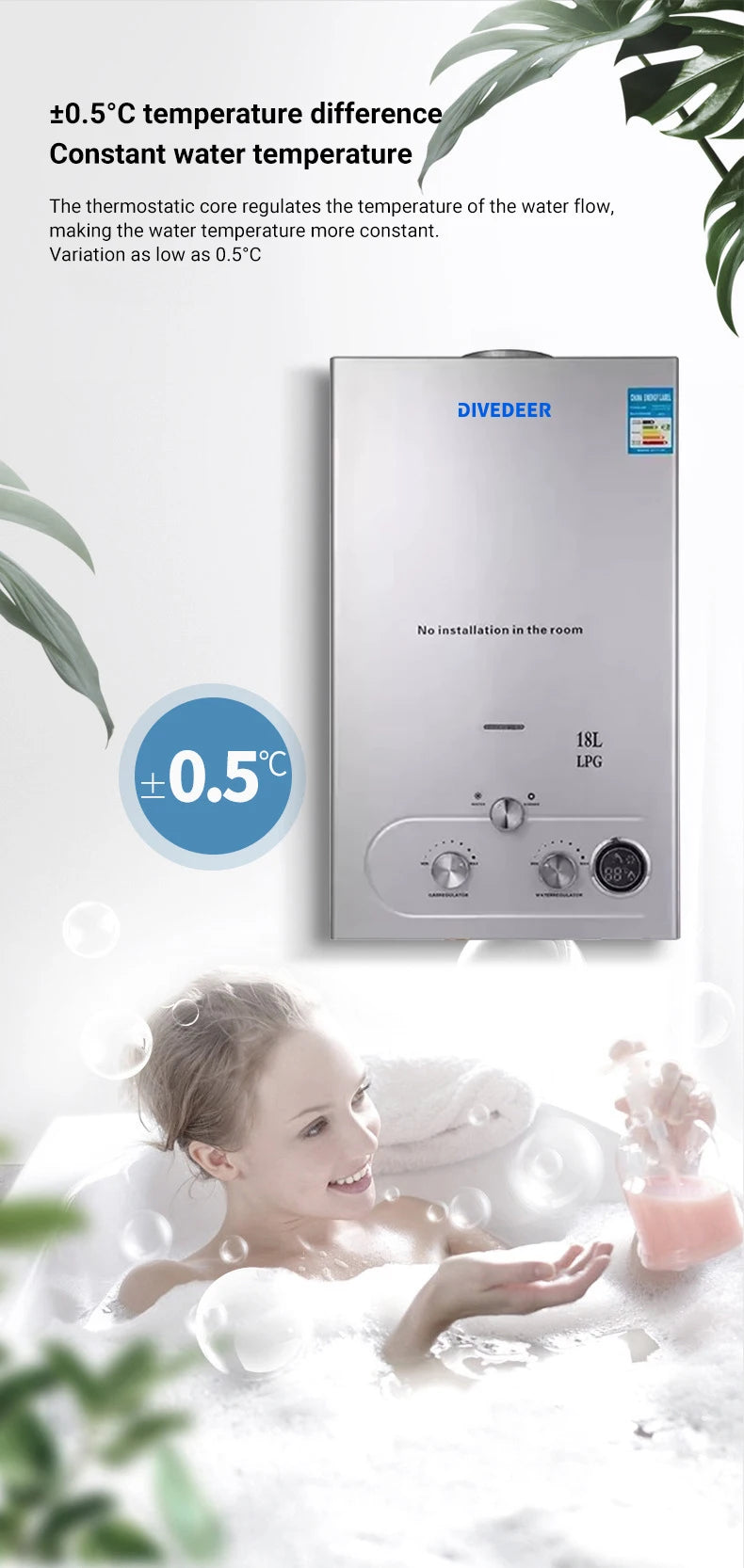 Divedeer Lpg Gas Water Heater 6l/8l/10l/12l/16l/18l Appliance