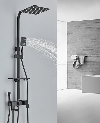 Black/Chrome Brass Shower Faucets Rainfall Shower Shelf Cold
