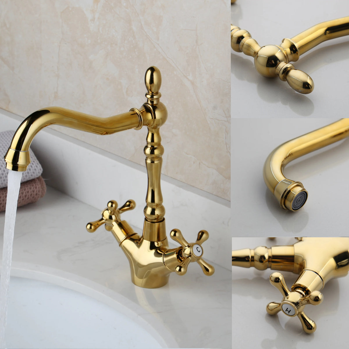 Kemaidi Golden Bathroom Basin Sink Faucet 360 Swivel