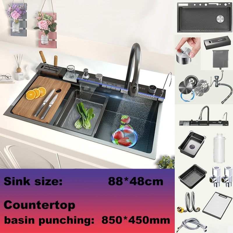 Stainless Steel Waterfall Sink Scratch Durable Resistant Large