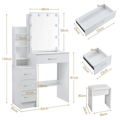 White Makeup Dressing Table W/ Lights Sliding Mirror