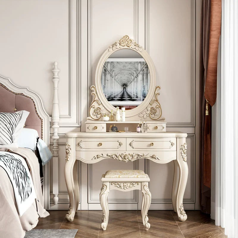 European Dressers Vanity Mirror White Makeup Desk Drawers