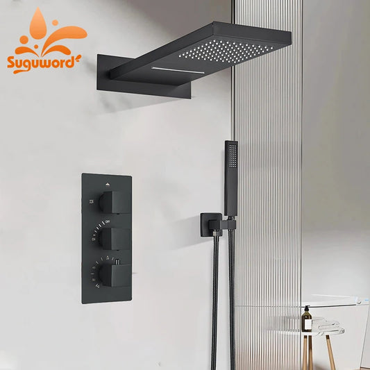 Thermostatic Shower Faucet Wall Concealed Waterfall Rainfall