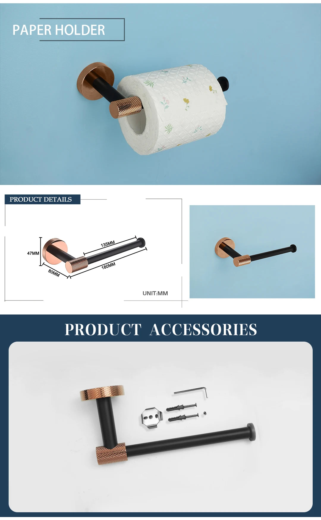 Rose Gold &Black Wall Mount Shelf Toilet Bath