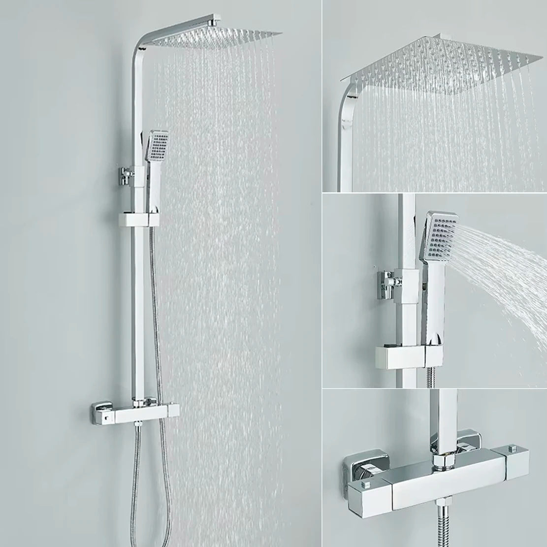Thermostatic Chrome Shower Faucet Rainfall Headshower Handled