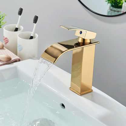 Brushed Golden Basin Faucets Elegant Waterfall Bathroom Sink