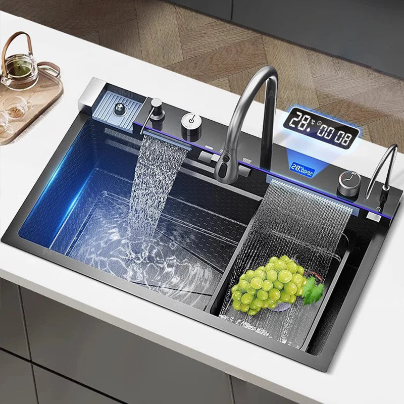 Stainless Steel Waterfall Sink Extra Large Bowl Digital