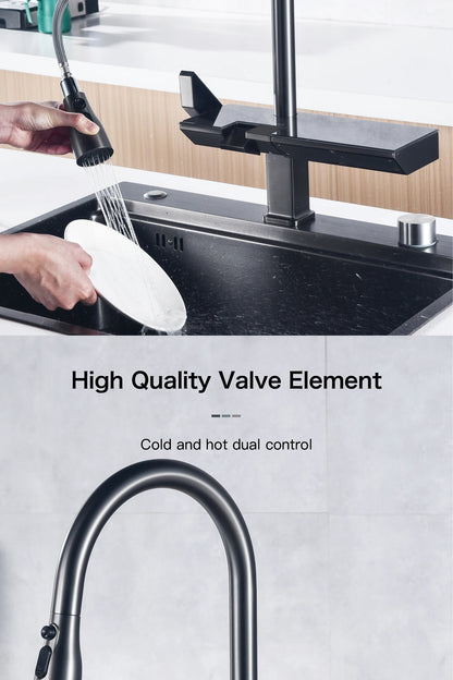 Luxury Digital Display Brass Grey Faucet Pull-Out Design