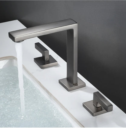 Brushed Gold Basin Faucet Solid Brass Three Hole
