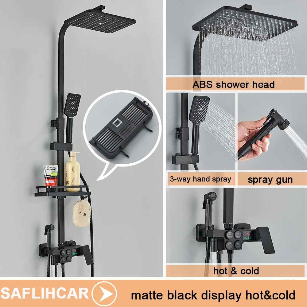 Black Display Thermostatic Shower Faucet Rainfall Bathtub Tap