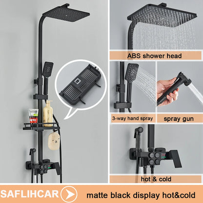 Black Display Thermostatic Shower Faucet Rainfall Bathtub Tap