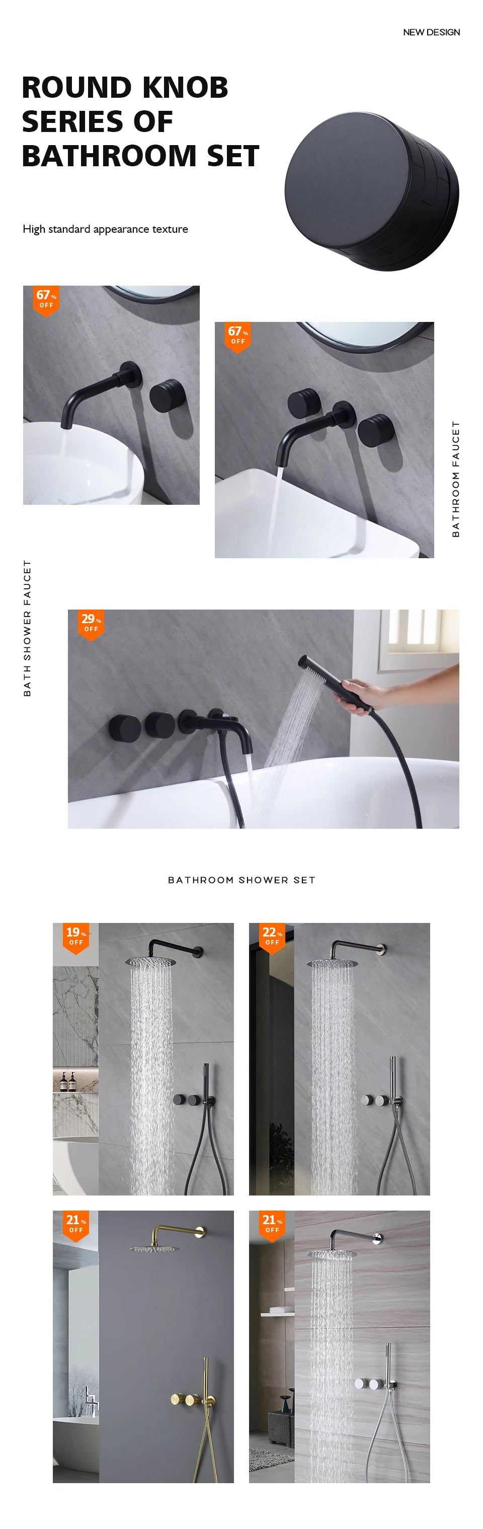 Black Bathroom Faucet Brass Double Lever Wall Mounted