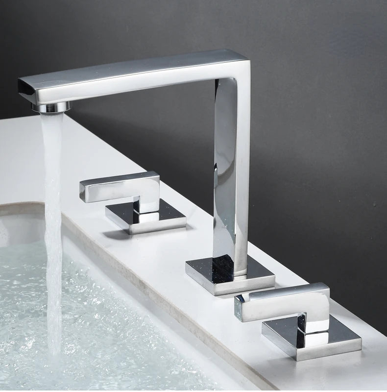 Brushed Gold Basin Faucet Solid Brass Three Hole