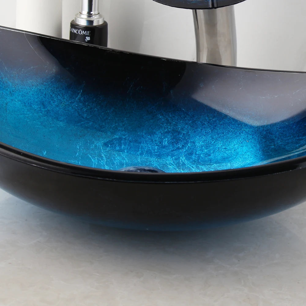 Zappo Tempered Glass Bathroom Vessel Sink Waterfall Black