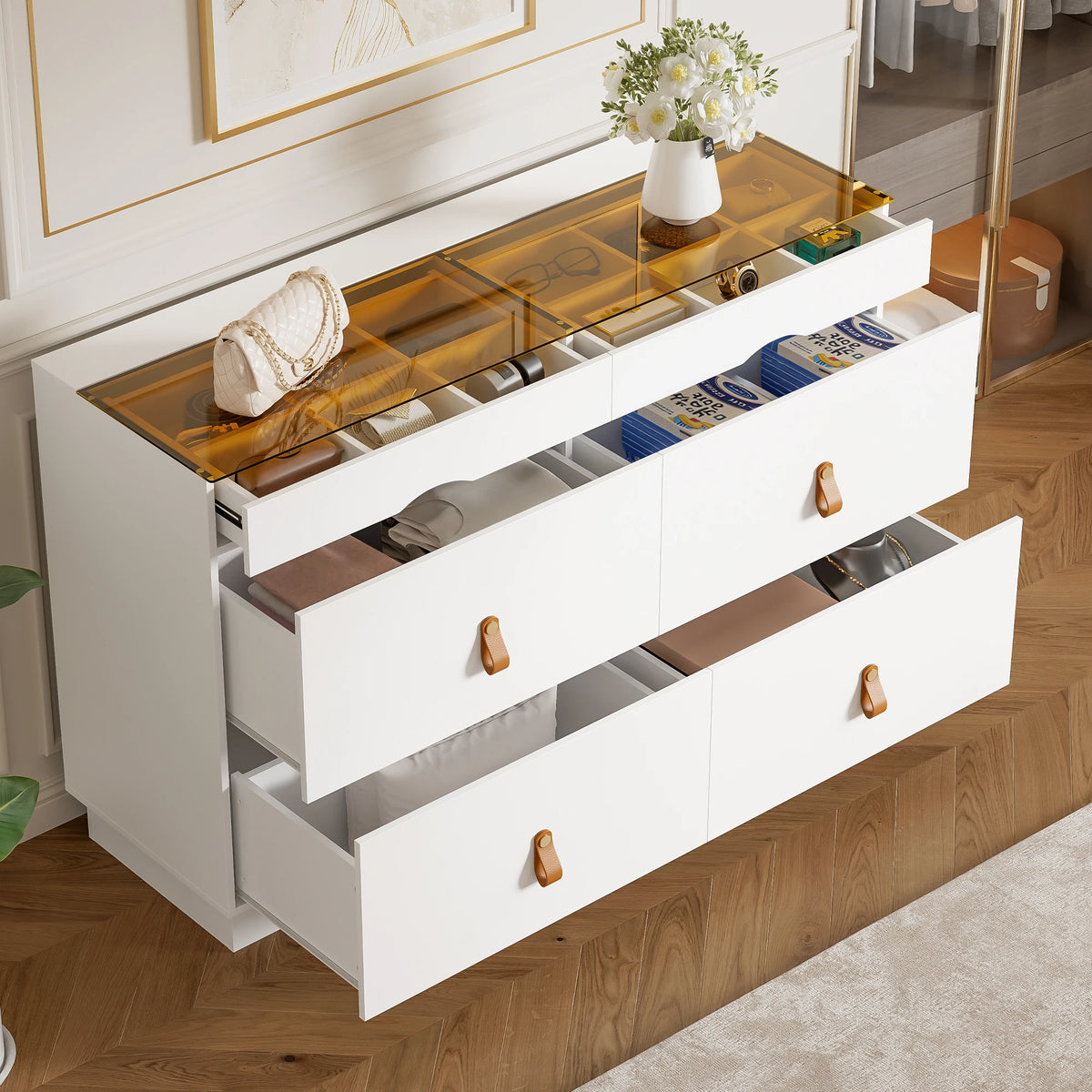 6-Drawer White Sliding Glass Sideboard Makeup Vanity Cabinet