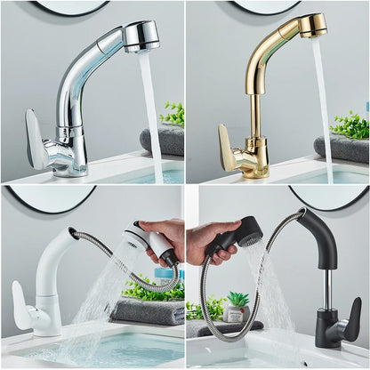 Bathroom Sink Faucet Pull Out Sprayer Deck Mounted