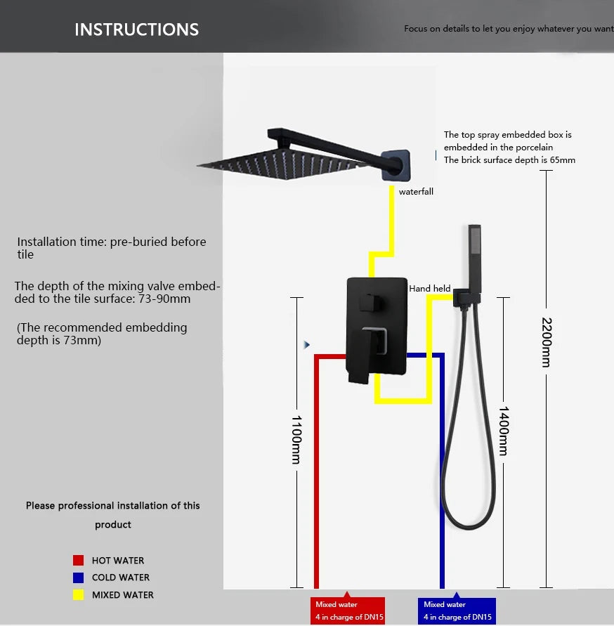 Kemaid Matte Black Rainfall Shower Faucet Systerm W/