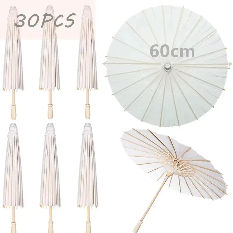White Wedding Paper Umbrellas 60/80cm Chinese Wooden Handle
