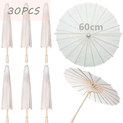 White Wedding Paper Umbrellas 60/80cm Chinese Wooden Handle